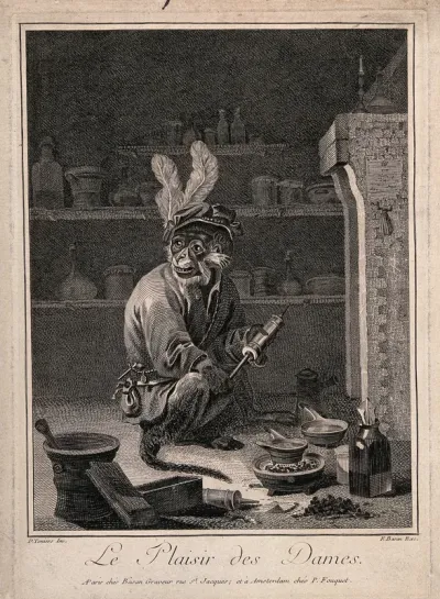 A monkey holding a clyster in an apothecary's shop