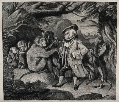 A monkey in elegant costume is addressing a group of wild monkeys under a tree