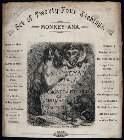 A monkey in human dress is leaning on a stone which a satyr is engraving into