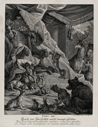 A monkey is surrounded by wild animals in a luxurious environment and presented with crown and scepter by a fox when he shins down his throne to grab some grapes