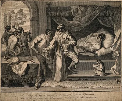 A monkey patient being treated by a monkey surgeon with a clyster, the latest French fashion accessory