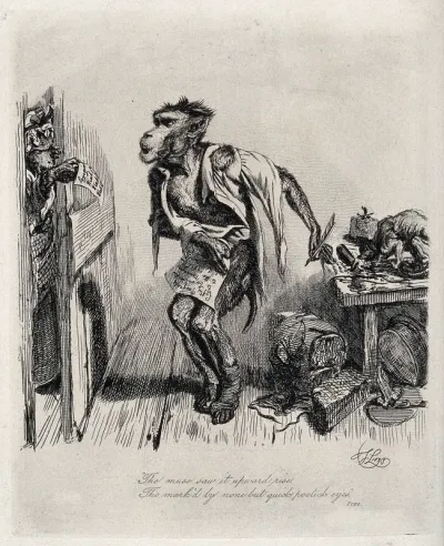 A monkey poet, in arrears with his rent, is embarrassed when his landlady opens the door to present him with bills