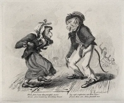 A monkey sailor and a female monkey, both dressed in human clothing, standing on a dance floor