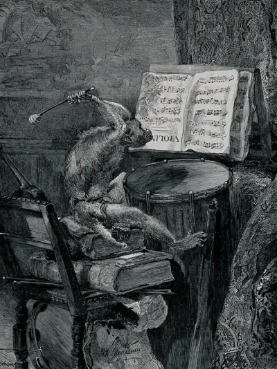 A monkey seated on a pile of books on a chair is playing the drum, looking at an upside down violin score