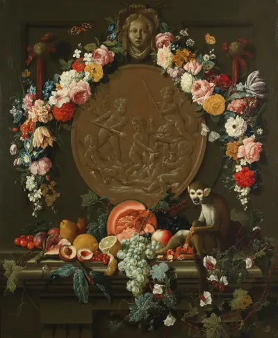 A monkey seated on a stone ledge with a still life of fruit, before a medallion garlanded with flowers