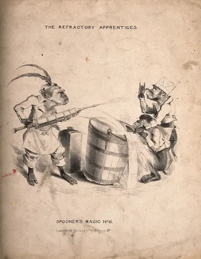 A monkey squirting water through a large syringe at two other monkeys