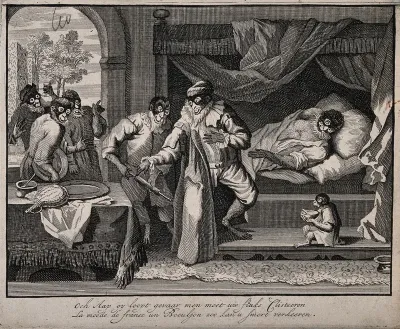 A monkey surgeon prepares to treat a monkey patient with a clyster, the latest French fashion accessory