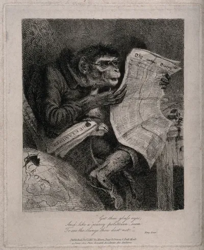 A monkey wearing spectacles reads the Times newspaper, with the Examiner under his arm, sitting beside a globe