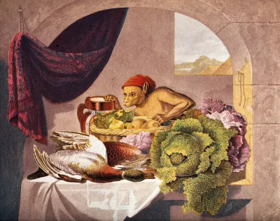 A monkey with a red cap, standing behind a heavily laden table in a larder