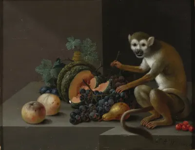 A monkey with grapes, peaches, a melon and other fruit on a stone ledge