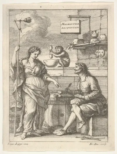 A monkey working a mortar and pestle, below Lorenzo Lippi (?) writing his humorous poem "Malmantile Racquistato", a muse standing at left