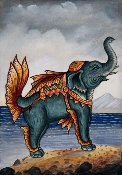 A monstrous elephant with gold scaly gills; water and a mountain beyond