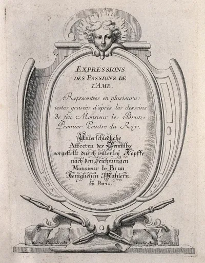 A monument supported by crossed porte-crayons and surmounted by the head of an angel: frontispiece to the depictions of the passions