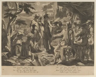 A Moonlit scene depicting the Areopagite judged of Athens, plate 8 from "Thronus Justitiae, tredecim pulcherrimus tabulis..."