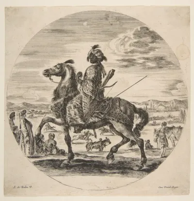 A Moorish horseman facing the left, standing and seated Turks in the middle ground, and other horsemen in the background, from 'Figures on Horseback' (Cavaliers nègres, polonais et hongrois)