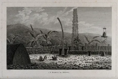 A morai, place of burial and worship, in Atooi (Kauai); encountered by Captain Cook on his third voyage (1777-1780)