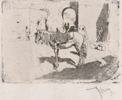 A Moroccan horse standing before an arch