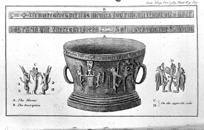 A mortar adorned with unusual carvings