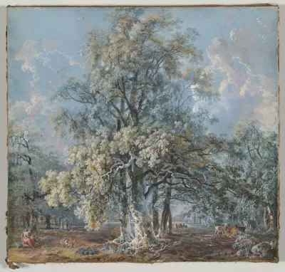 A mother and children resting beneath a large beech tree, deer grazing beyond, possibly in Norbury Park, Surrey