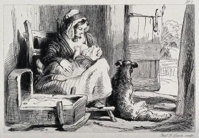 A mother breastfeeding her child in a cottage while her dog sits at her feet
