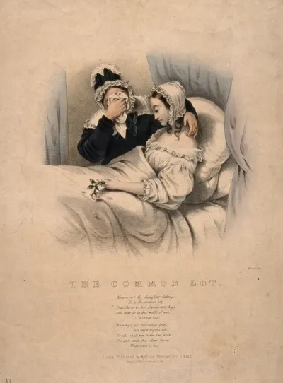 A mother cries in grief while comforting her dying daughter, who holds a rosebud with falling petals
