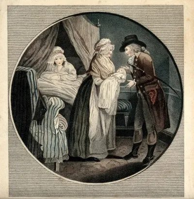 A mother in bed after having given birth; the midwife showing the baby to the father