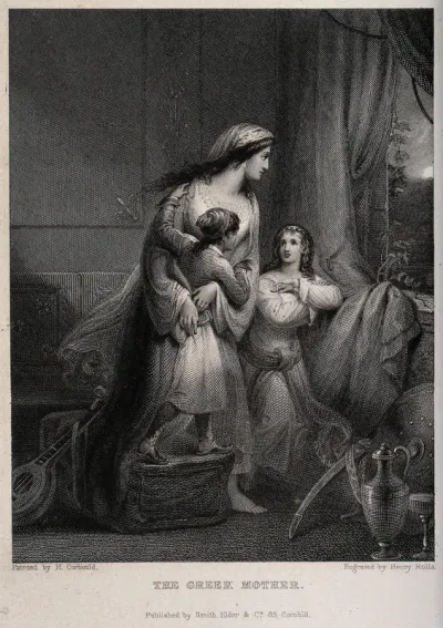 A mother looking out of an open window, one child clings to her, the other seems to be asking her something
