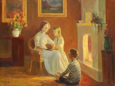 A mother reading to her children in front of the fireplace.