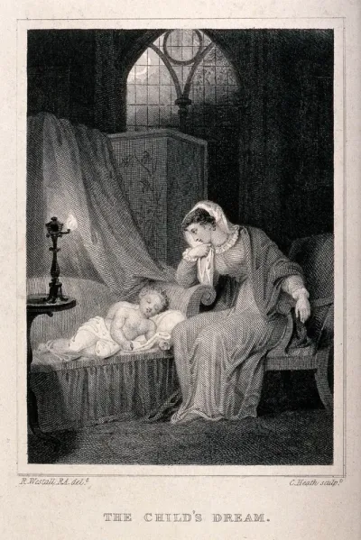 A mother sits by her child's bed and watches while it sleeps