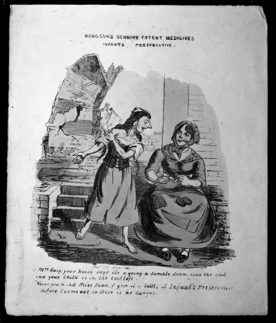 A mother who believes that an "Infants preservative" (medicine for infants) will preserve her child from danger in a collapsing house