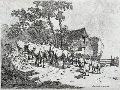 A mounted cowherd is driving a herd of cows and a flock of cattle along a path into an enclosure