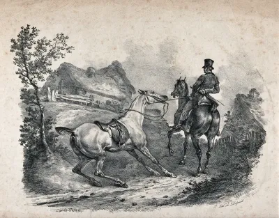 A mounted gentleman is pulling a recalcitrant horse by its reins up a path leading to a cottage