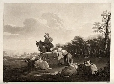 A mounted man looks on while a shepherd girl milks a ewe