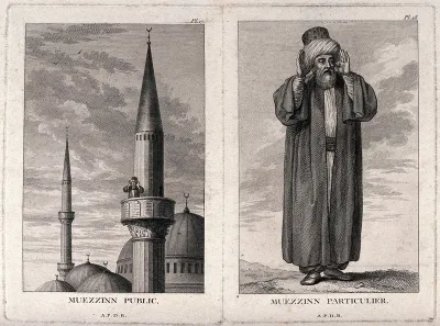 A muezzin on a minaret calling on the faithful to worship; a muezzin calling