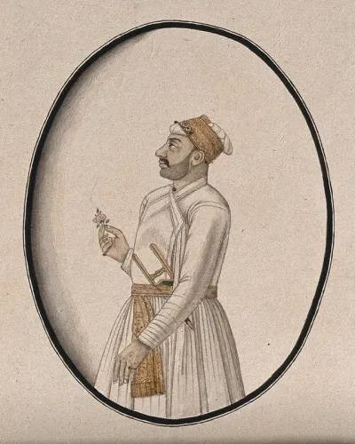 A Mughal courtier carrying a dagger and holding a flower