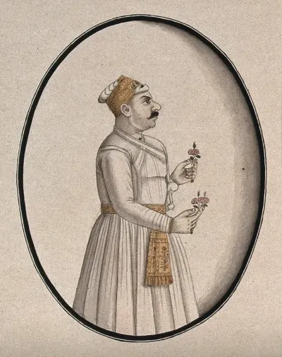 A Mughal courtier holding a flower in each hand