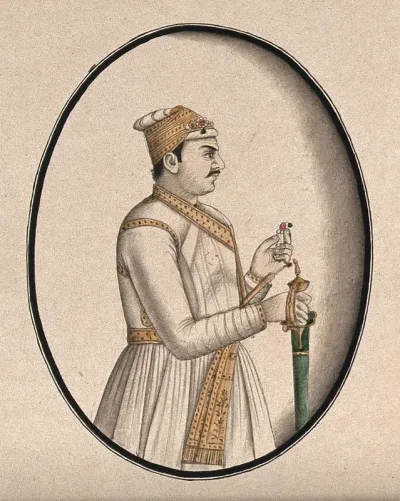 A Mughal courtier holding a green sword and a flower (?)