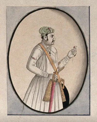 A Mughal courtier holding a sword and an ornament