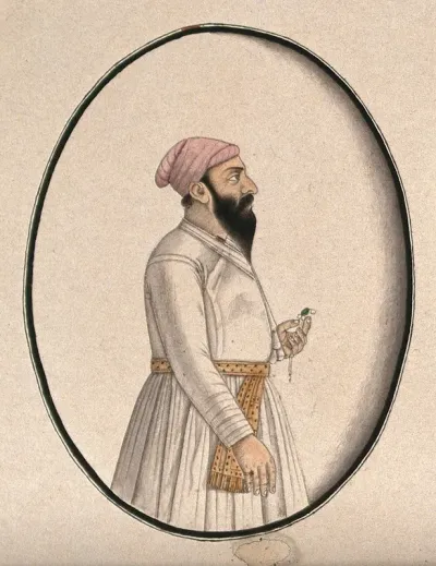 A Mughal courtier wearing a pink turban and holding an ornament (?)