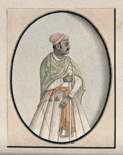 A Mughal courtier with a green scarf draped around his shoulders, holding a staff