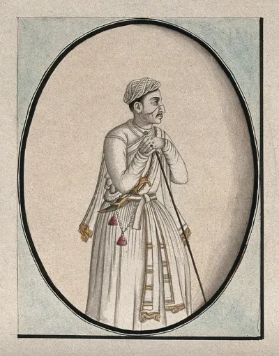 A Mughal courtier with a scar on his face, leaning on a stick
