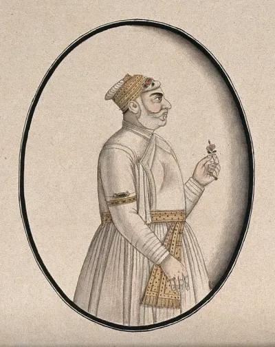 A Mughal courtier with a white beard holding a flower