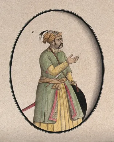 A Mughal courtier with long drooping moustaches, gesticulates with his arm
