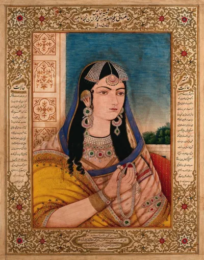 A Mughal empress or member of a royal family holding a necklace