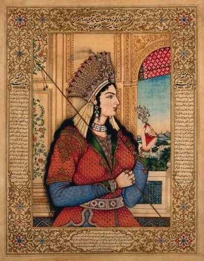 A Mughal empress or member of a royal family holding a spear and turban ornament