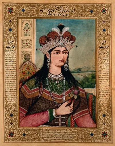A Mughal empress or member of a royal family wearing an elaborate crown and holding a flower
