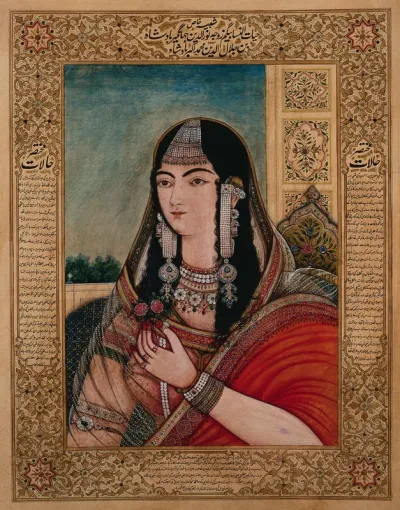 A Mughal empress or member of a royal family wearing very long earrings and holding a flower