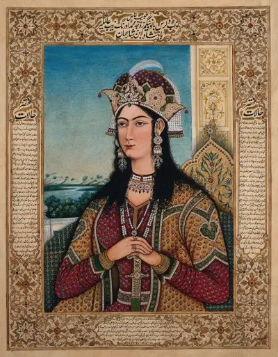 A Mughal Empress or member of the royal family, sitting straight, with one hand over the other