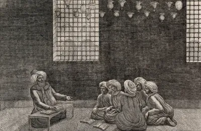 A mullah explaining the Law to a group of pupils, in Constantinople