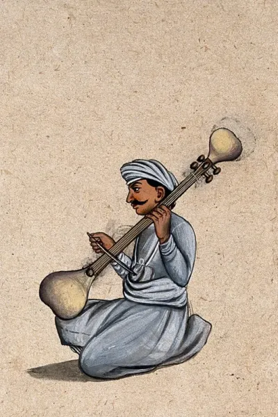 A musician playing a Indian stringed instrument, similar to a veena, with a bow